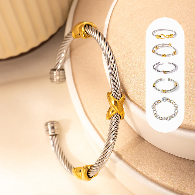 Elegant women's two-tone knot twisted bangle bracelet, perfect for a sophisticated look.