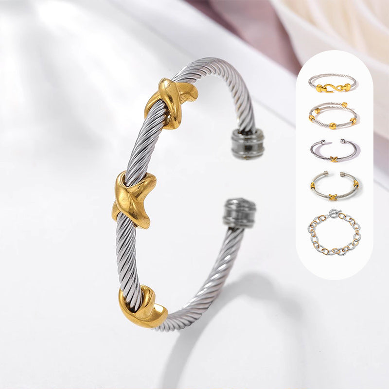 Stainless steel two-tone knot bangle bracelet, a chic accessory for women.