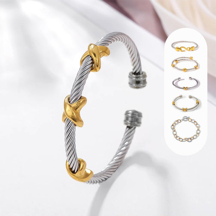 Stainless steel two-tone knot bangle bracelet, a chic accessory for women.