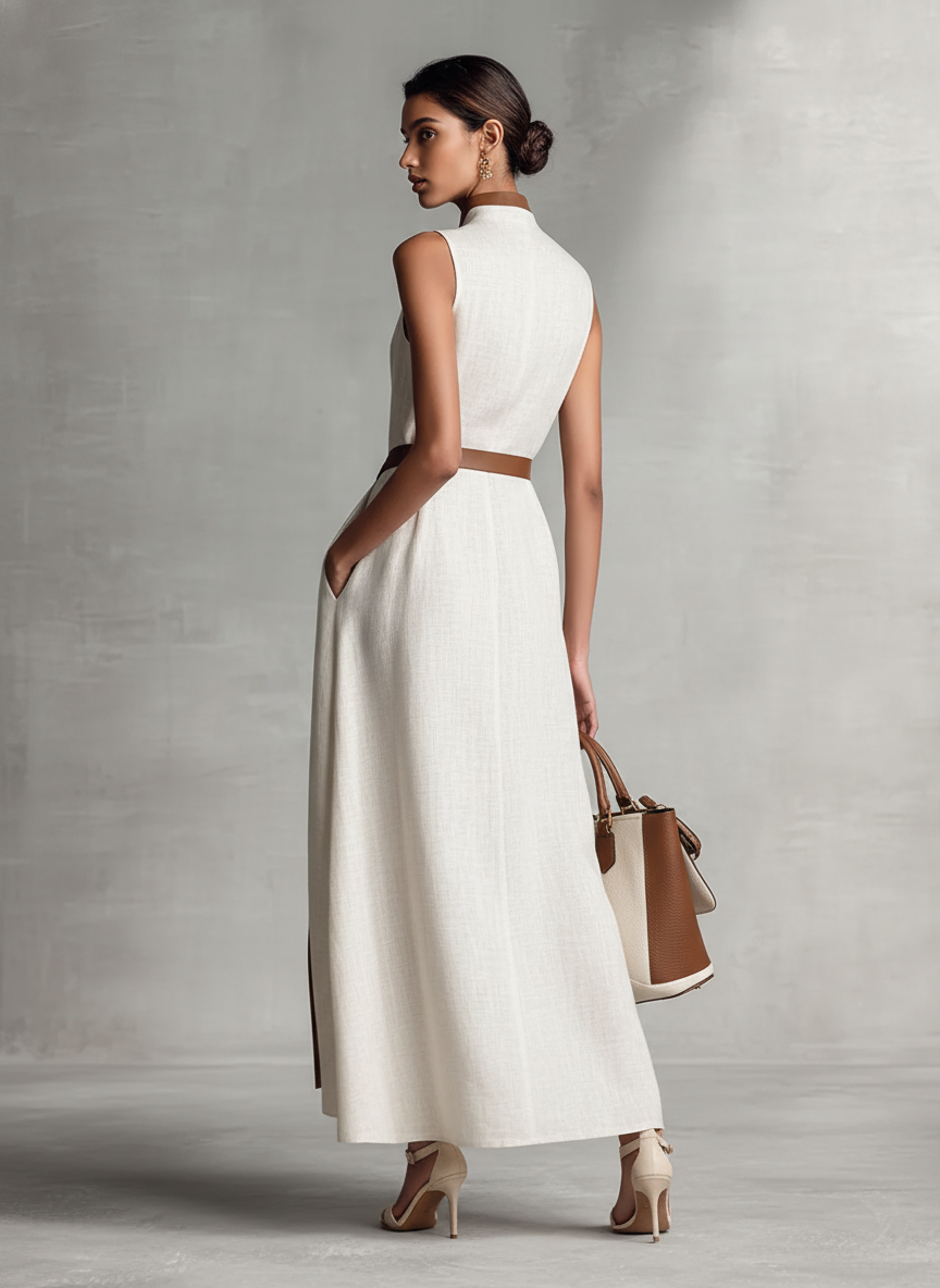 Versatile women's elegant V-neck A-line maxi dress, sleeveless, ideal for wedding guests, cocktail parties & summer events.
