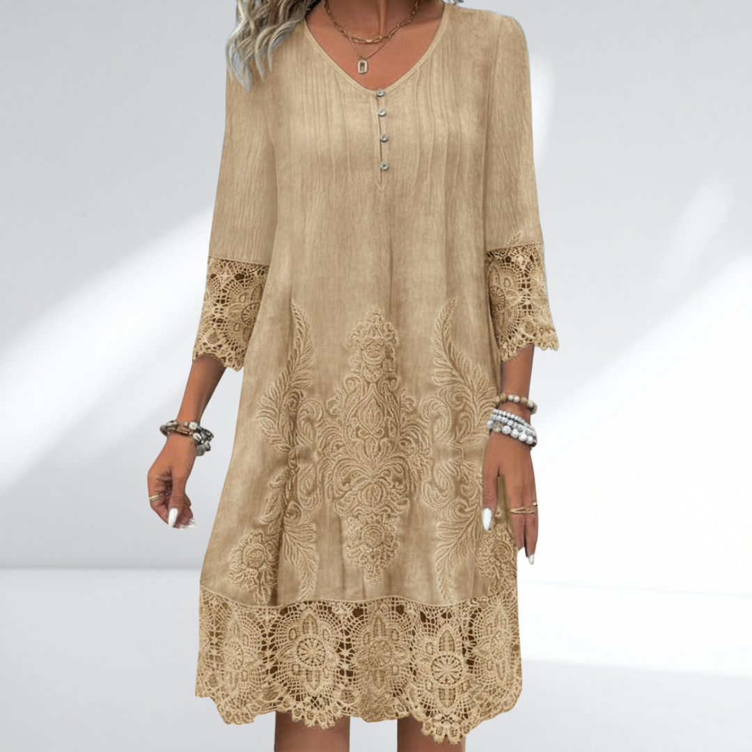Stylish women's embroidered V-neck A-line midi dress, ideal for elegant everyday wear or spring/summer outfits.