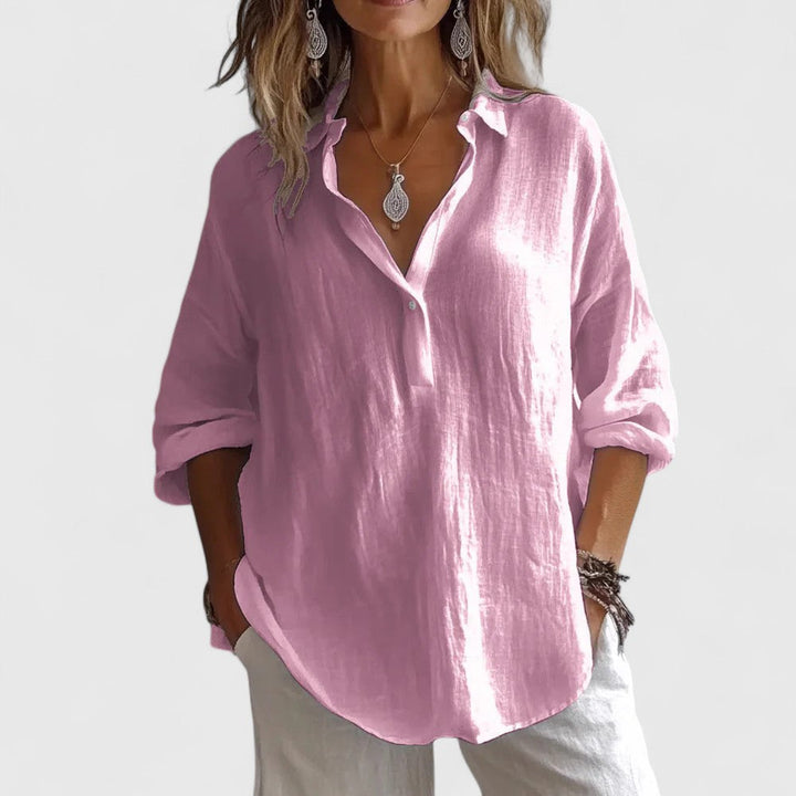 Elegant women's V-neck blouse, perfect for office wear or casual chic spring & summer outfits. Effortless style & comfort.