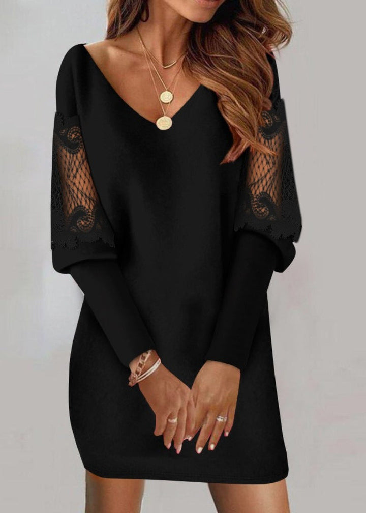 Elegant women's V-neck bodycon mini dress with delicate lace sleeves, perfect for party and cocktail wear.