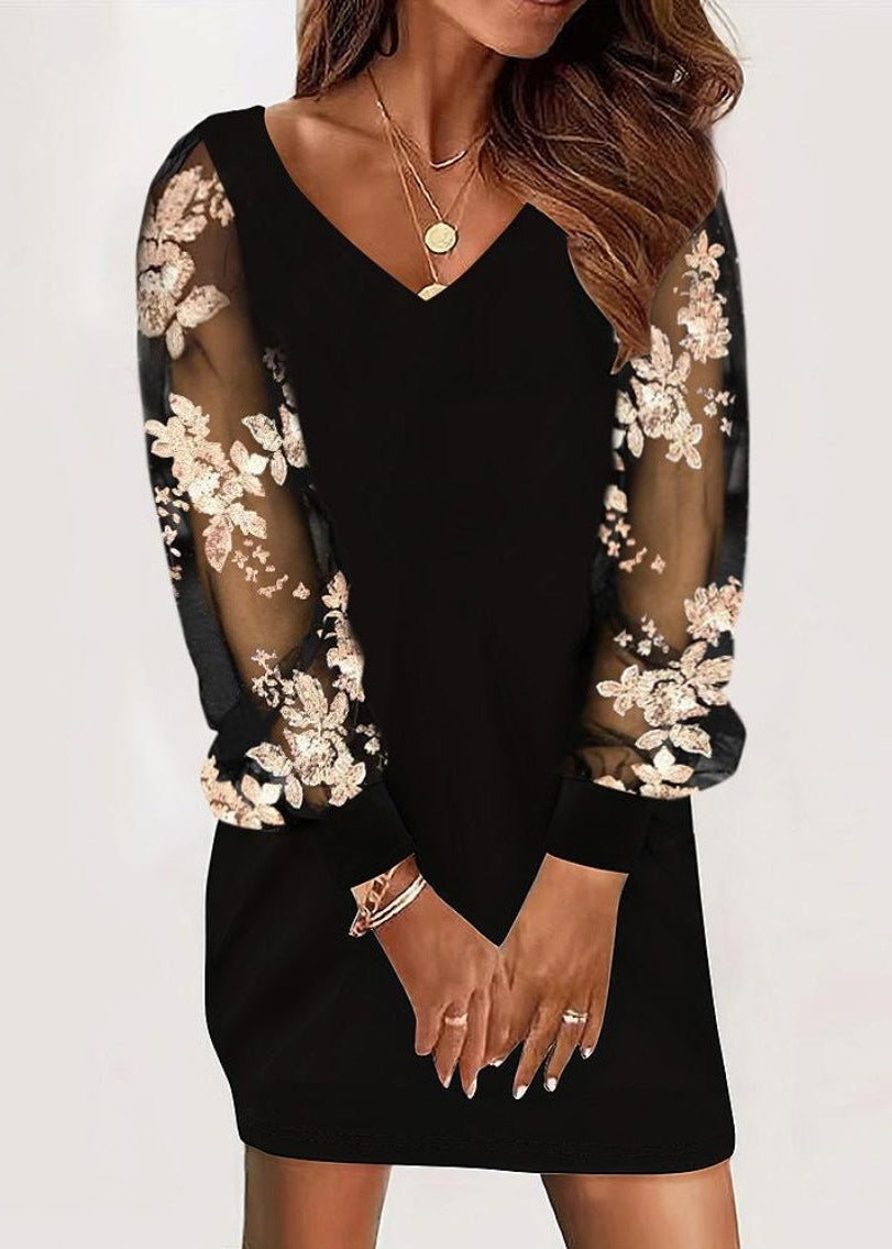 Women's elegant V-neck bodycon mini dress with intricate lace sleeves, a perfect fitted party or evening dress.