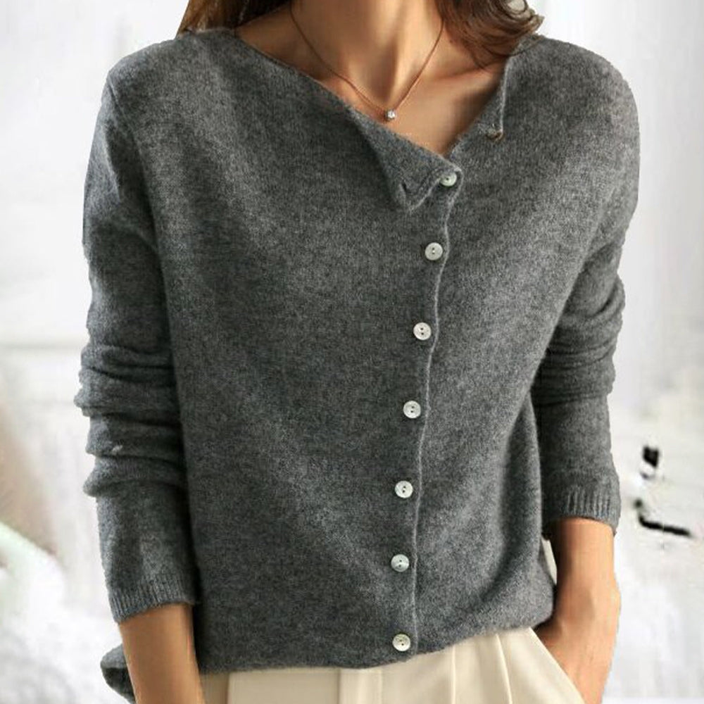Elegant women's V-neck button-front sweater, long sleeve knitwear in a comfortable, casual style