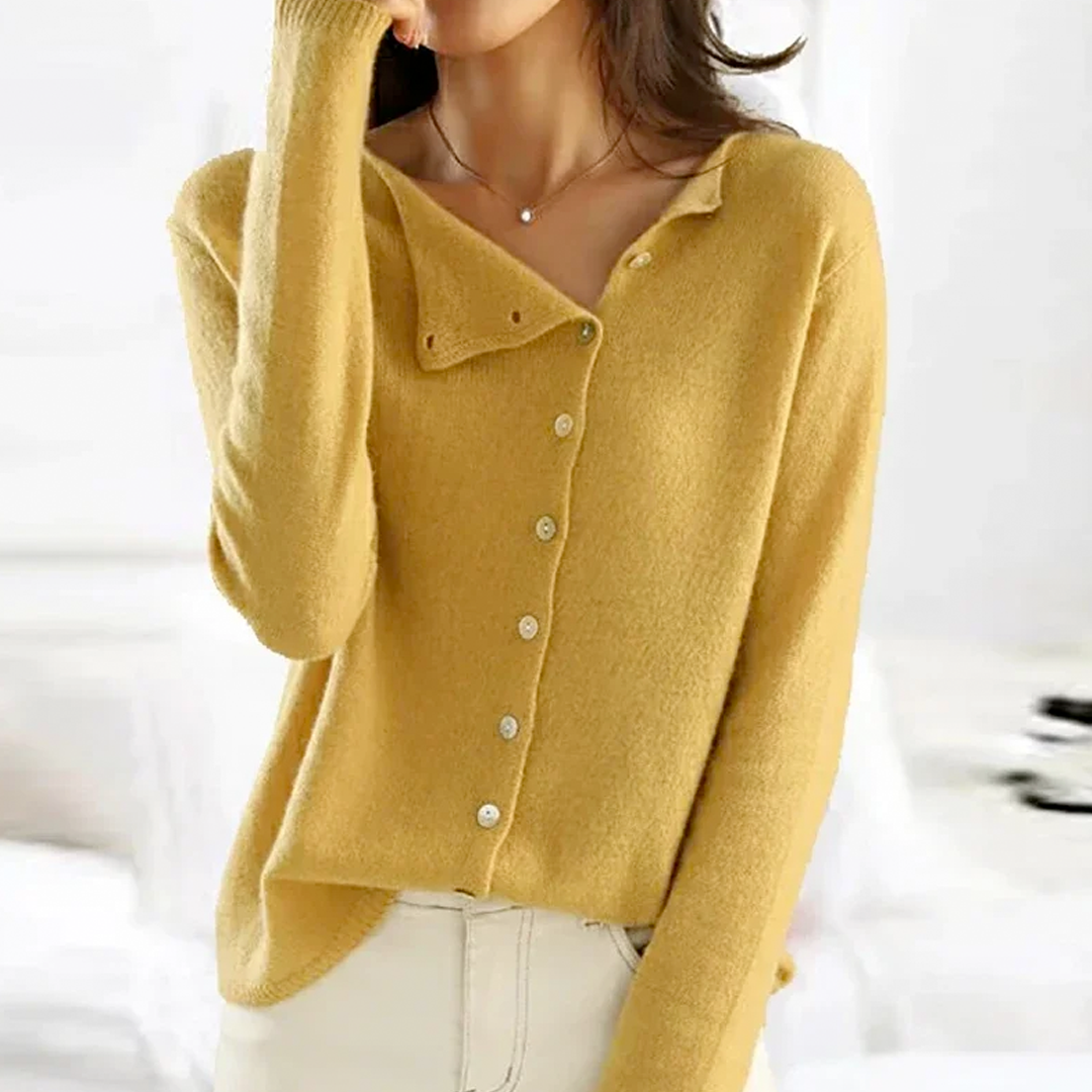 Comfortable women's button-up V-neck sweater, a versatile piece of elegant long sleeve knit apparel