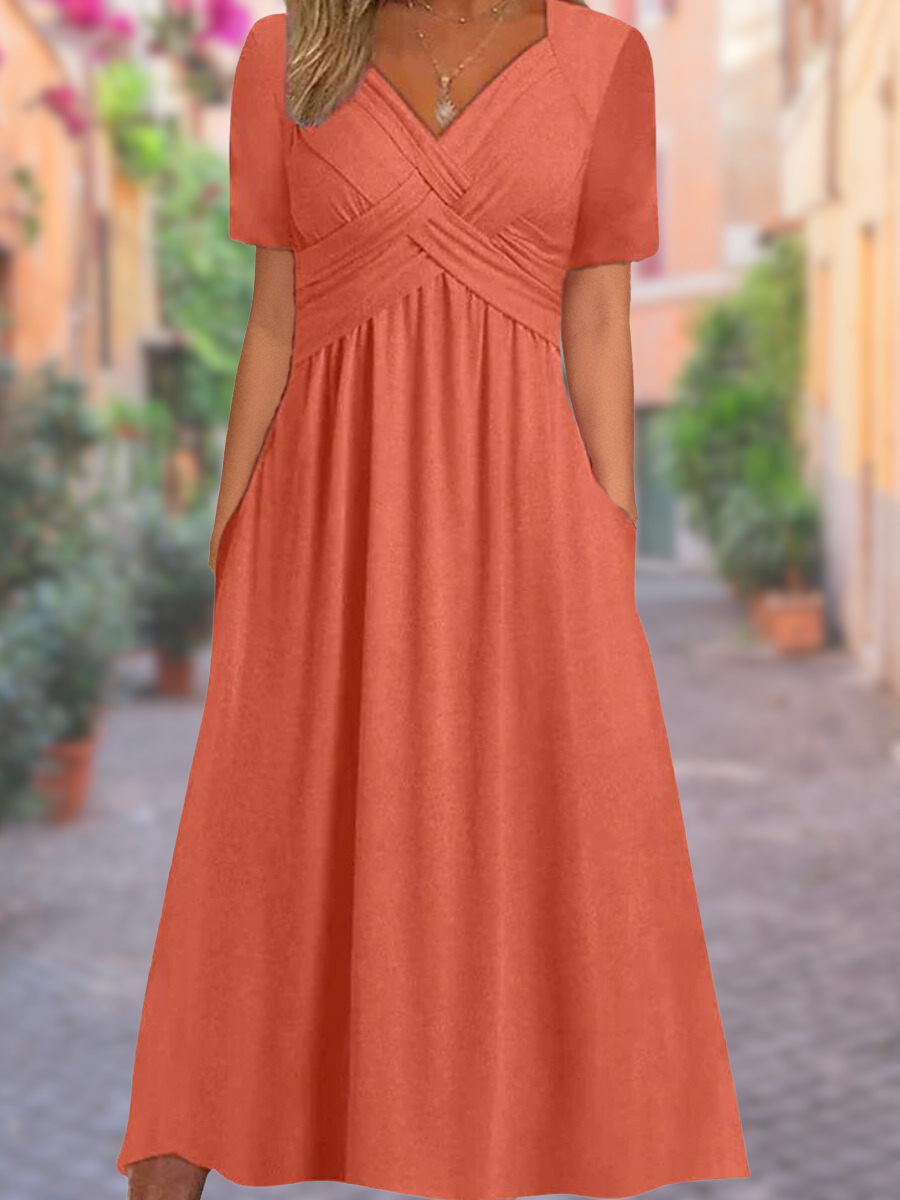 Elegant women's V-neck crisscross bodice midi dress, perfect for versatile day-to-evening styling.