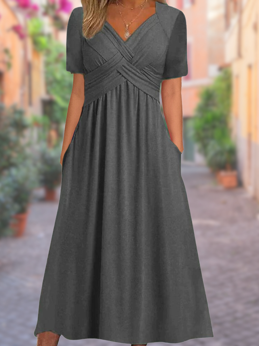 Versatile women's clothing: a sophisticated V-neck crisscross bodice midi dress for any occasion.