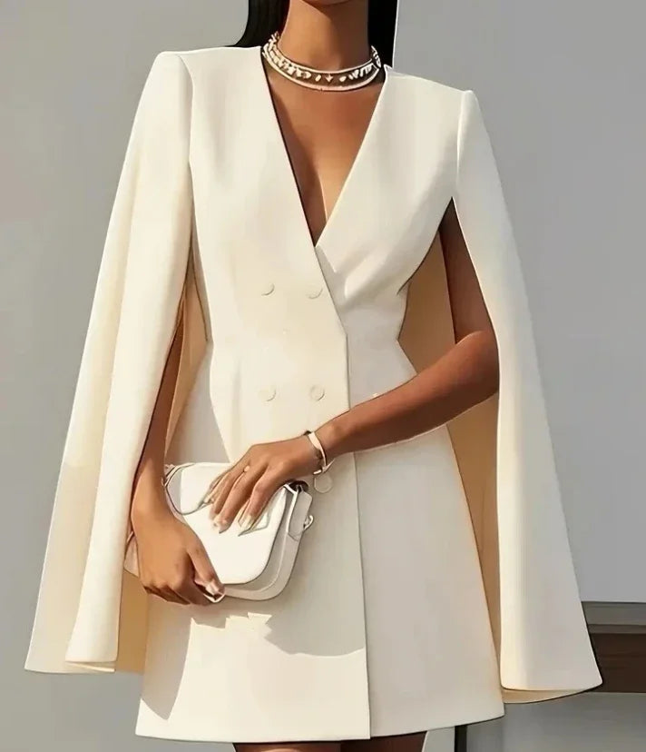 Elegant women's V-neck double-breasted blazer mini dress, perfect for parties or business casual events.