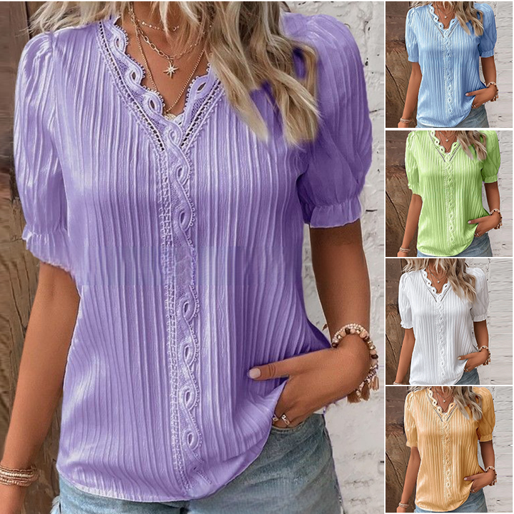 Elegant women's V-neck lace trim blouse, front view, perfect for summer fashion & casual wear