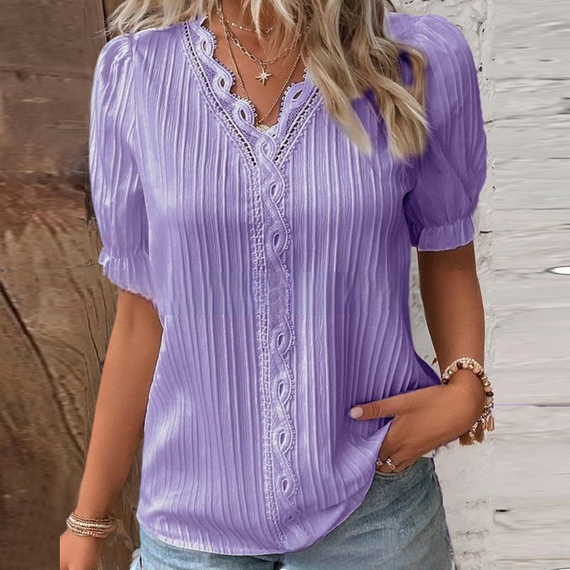 Collection of V-neck lace blouses in various colors, showcasing stylish women's summer fashion
