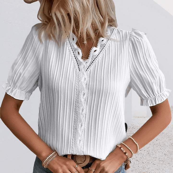 Black women's V-neck lace trim blouse, a stylish and comfortable shirt for any occasion