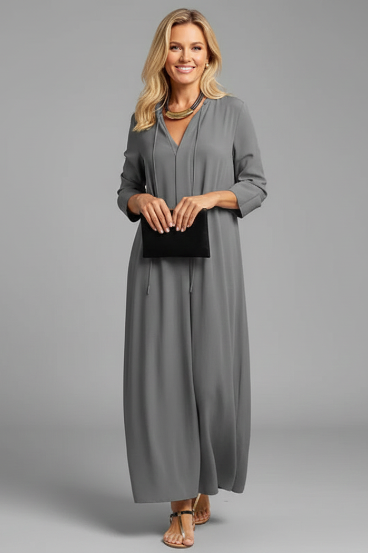 Sophisticated women's long sleeve V-neck ankle-length dress. Flattering fit for any occasion.