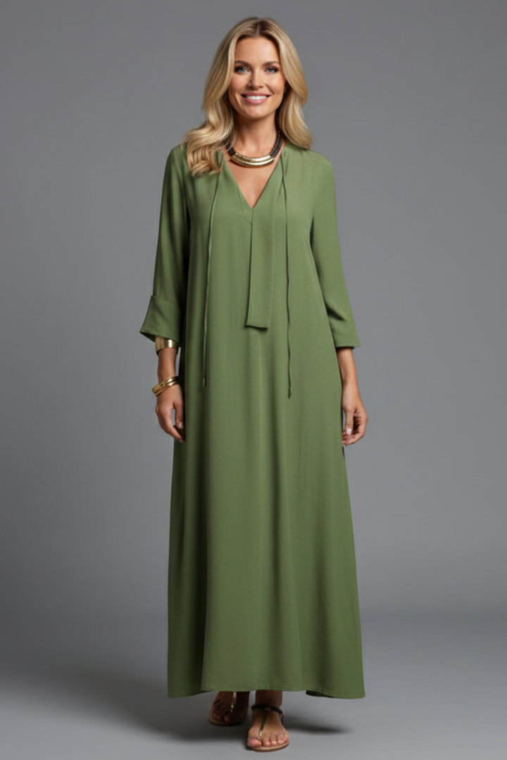Versatile women's long sleeve V-neck maxi dress. Ankle-length for a flattering and chic silhouette.