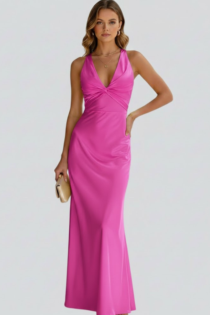 Full length view of a women's sleeveless V-neck maxi dress, showcasing its elegant flow and fitted waist.