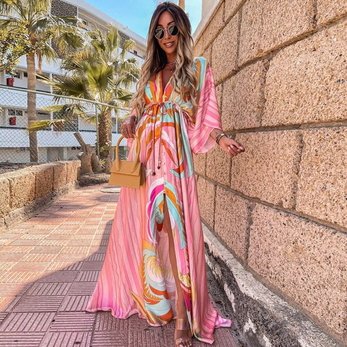 Elegant women's V-neck maxi dress with flowy kimono sleeves & high slit, perfect for special occasions.