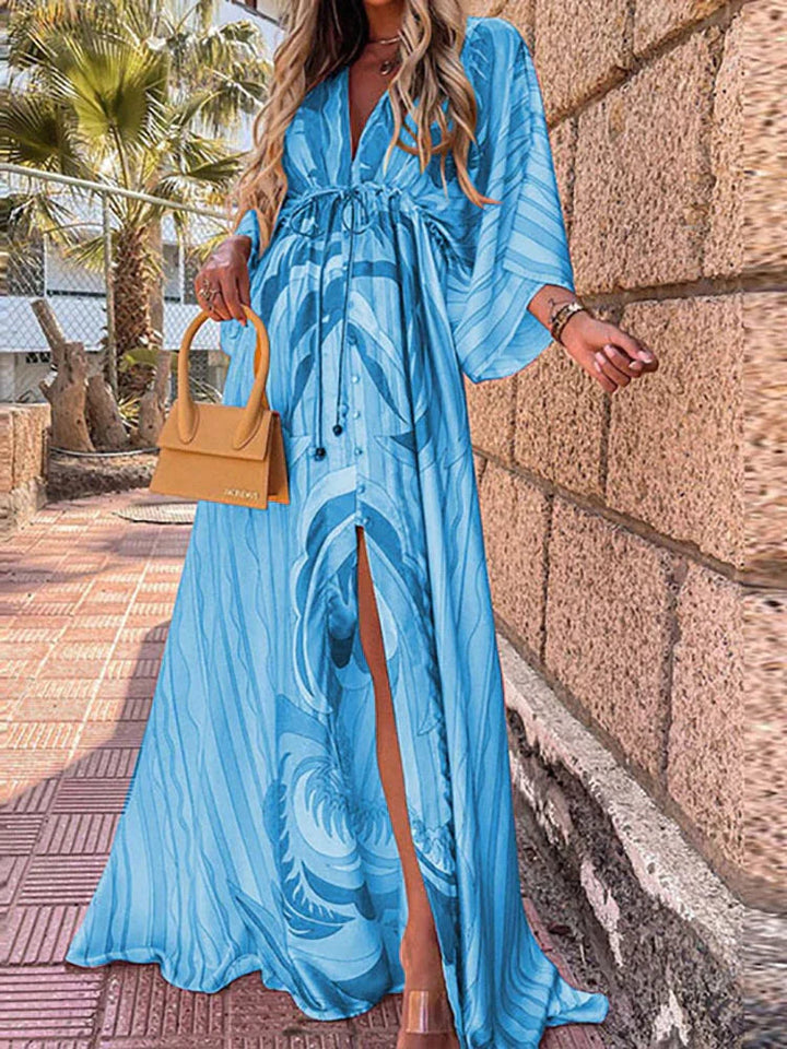 Chic V-neck kimono sleeve maxi dress for women, featuring a high slit, ideal for evening or summer events.