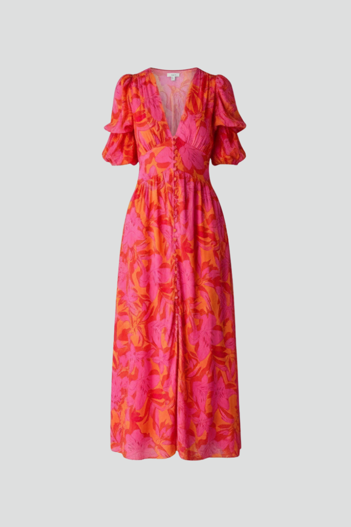 Elegant women's V-neck maxi dress with stylish puff sleeves. Perfect long flowy dress for summer & spring fashion.