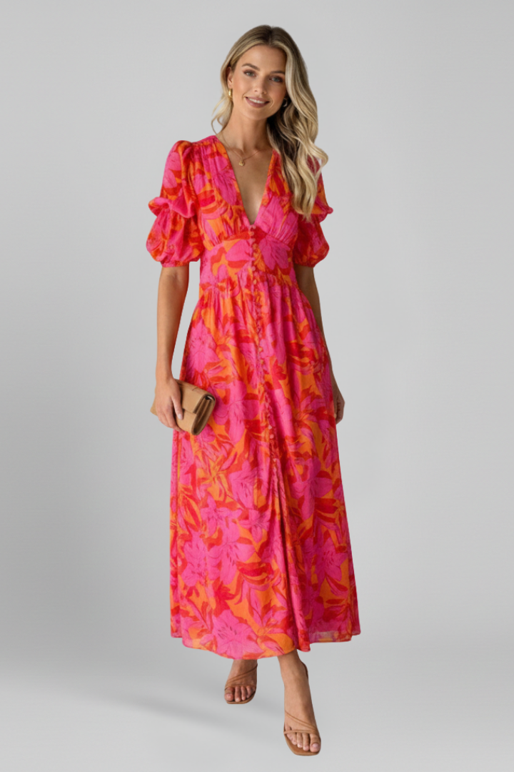 Comfortable V-neck maxi dress for women featuring elegant puff sleeves. Ideal for casual day wear or an evening event.