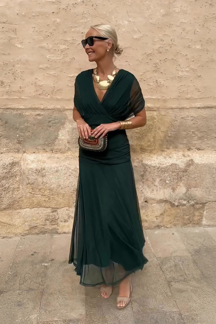 Elegant women's V-neck maxi wedding guest dress with draped sleeves & ruched waist.