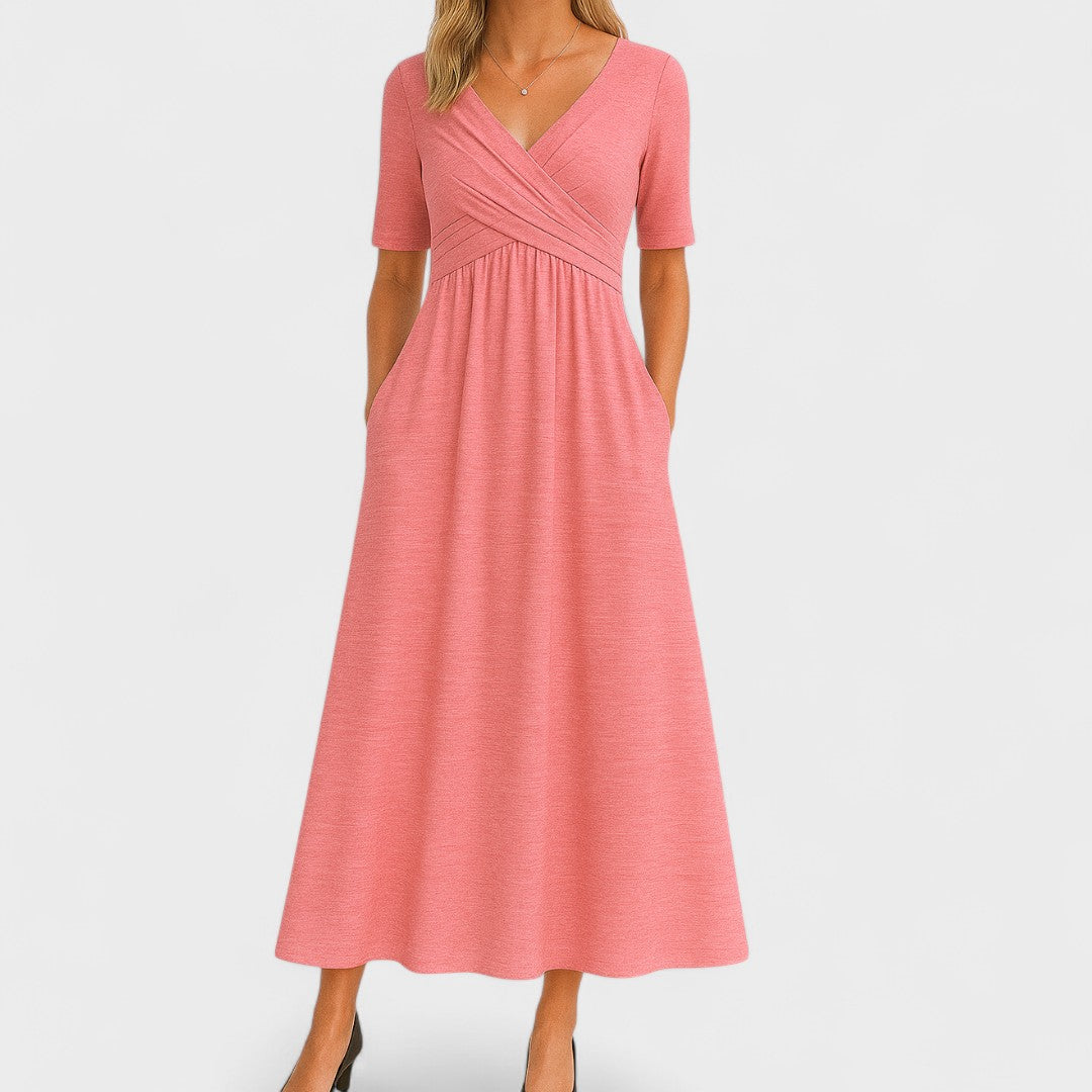 Chic V-neck midi dress for women, combining elegance and casual style. Ideal for summer.