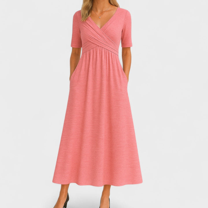Chic V-neck midi dress for women, combining elegance and casual style. Ideal for summer.