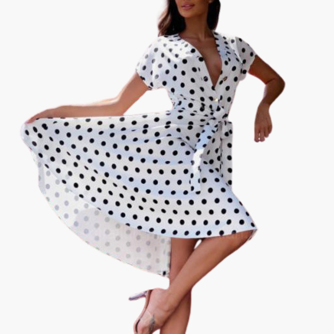 Elegant women's V-neck midi dress with short sleeves, perfect for sophisticated day to night wear or cocktail events.