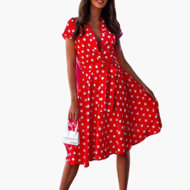 Versatile women's elegant midi dress with a V-neck and short sleeves, ideal for spring, summer, or special occasions.