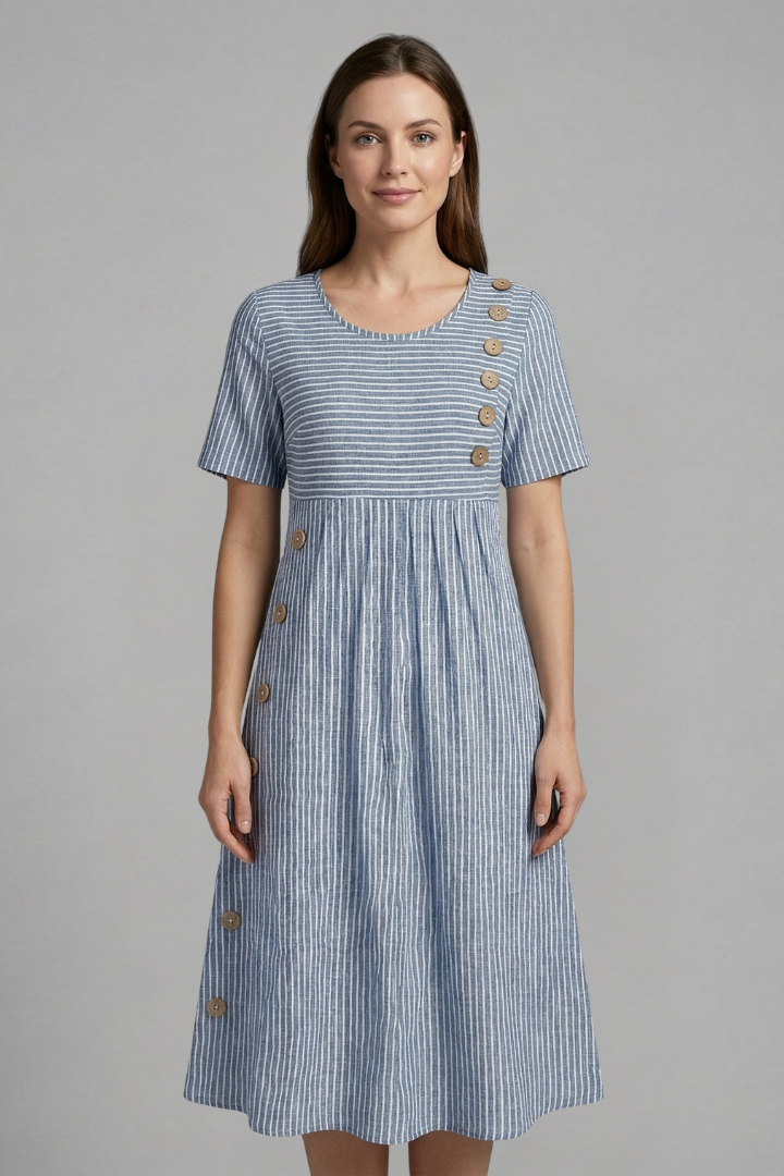 Chic women's summer midi dress featuring a flattering V-neckline and decorative front buttons for comfort.