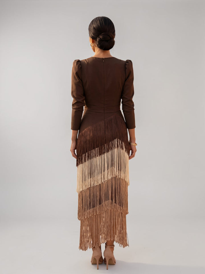 Sophisticated tiered fringe V-neck midi dress for women. Ideal as a wedding guest or gala gown.