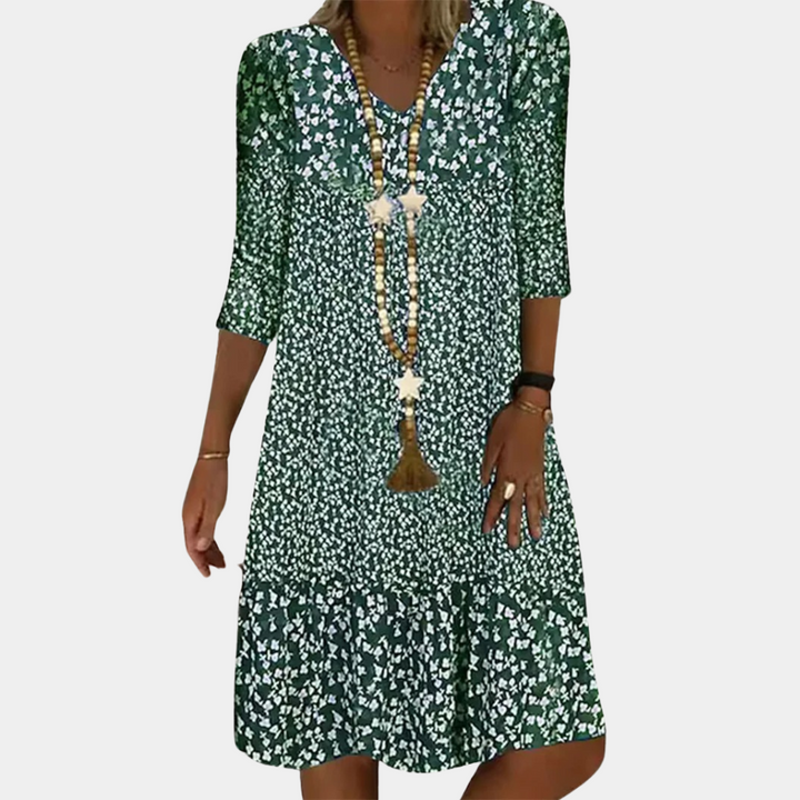 New women's short sleeve V-neck midi dress. A stylish and comfortable summer dress, perfect for any occasion.