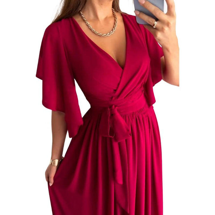 Elegant women's V-neck summer maxi dress with flowy bell sleeves, perfect for casual or chic occasions.