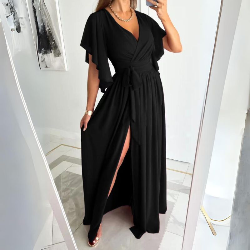 Comfortable women's V-neck maxi dress with stylish flowy bell sleeves, ideal for warm summer days.