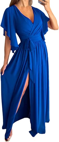 Chic women's V-neck summer maxi dress featuring graceful flowy bell sleeves for an elegant look.