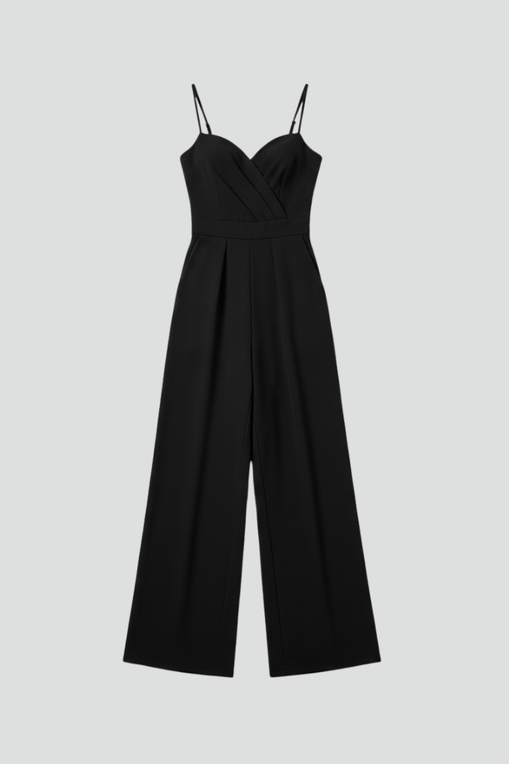 Elegant women's V-neck wide leg jumpsuit for summer fashion. Comfortable black sleeveless design.
