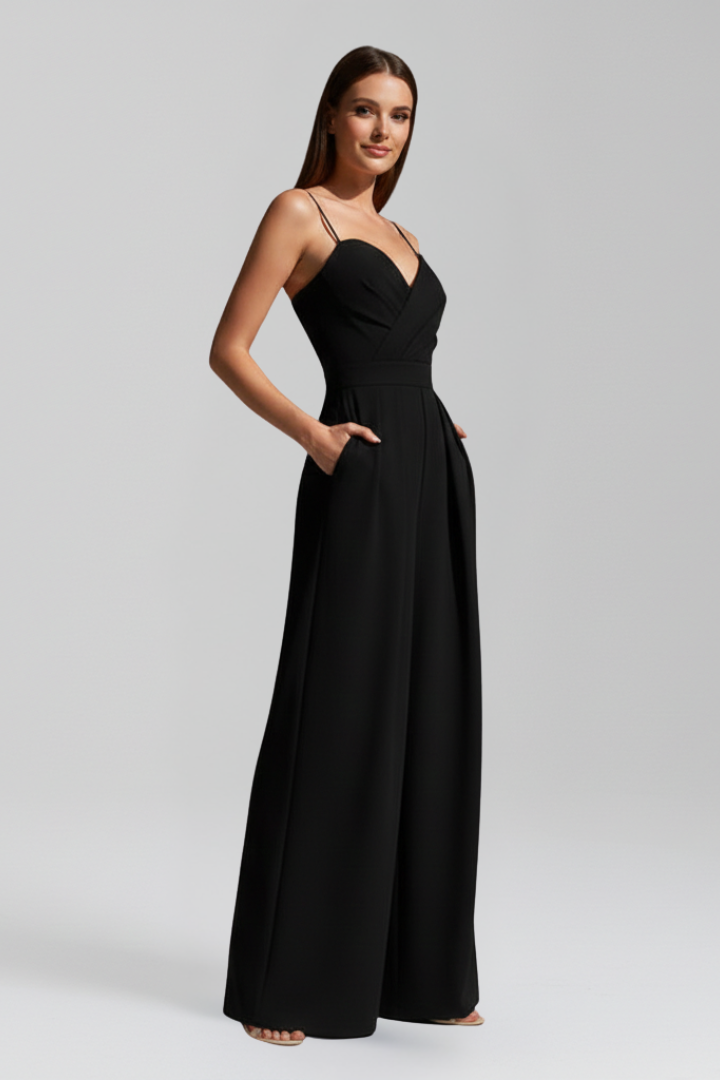 Black V-neck wide leg jumpsuit for women. Elegant sleeveless design, ideal for summer comfort.