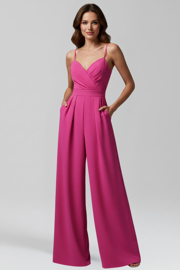 Sleeveless V-neck wide leg jumpsuit for women. Comfortable, elegant summer fashion in multiple colors.