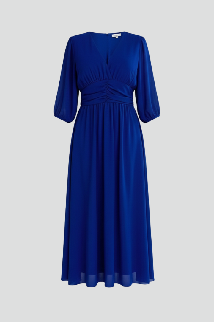 Elegant women's V-neck wrap midi dress with long sleeves, perfect for a flattering, versatile look.
