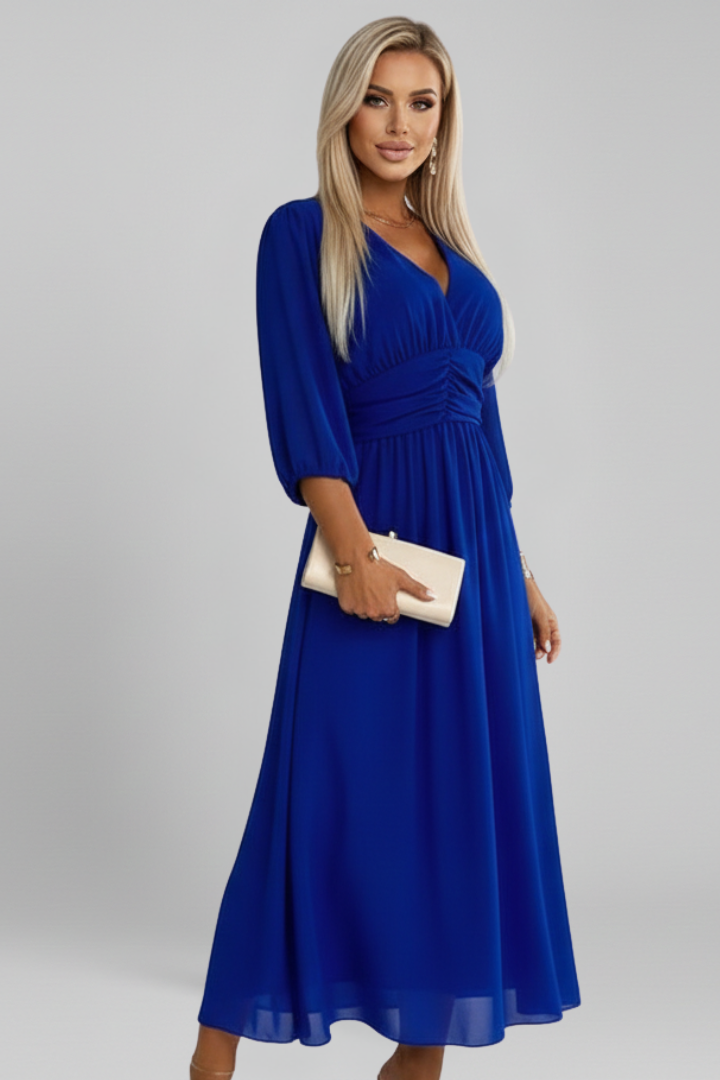 Front view of an elegant women's long sleeve V-neck wrap midi dress, offering a flattering and sophisticated style.