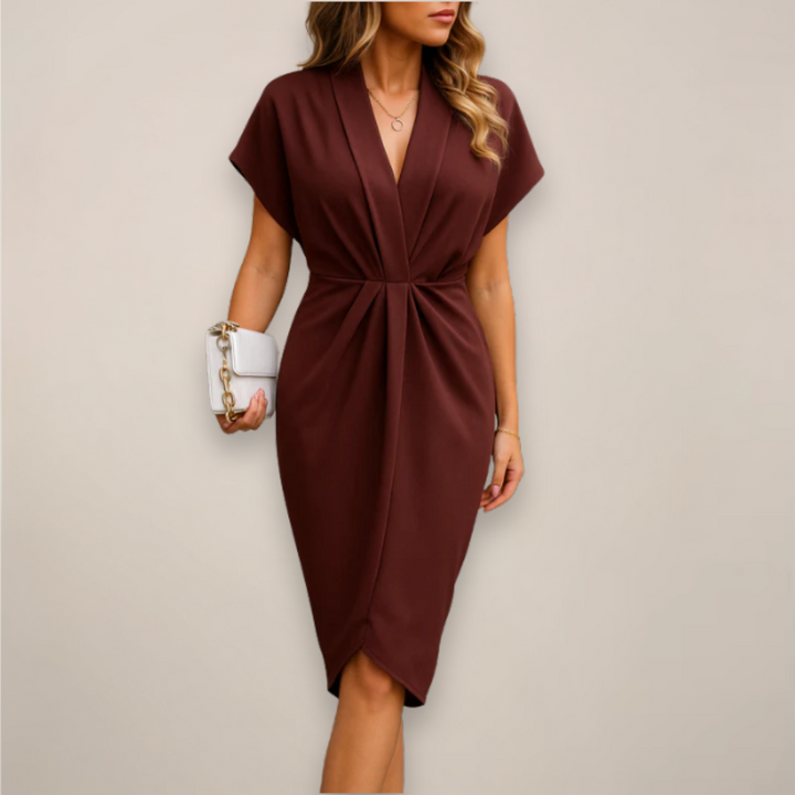 Comfortable women's V-neck wrap summer dress, elegant midi length, suitable for everyday.