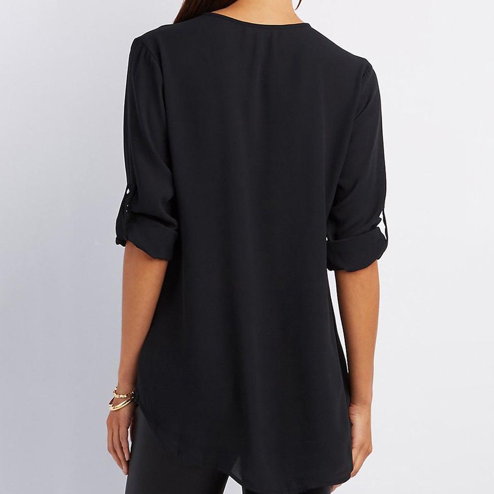 Trendy women's blouse with V-neck, functional zipper, and creative patchwork, perfect for autumn