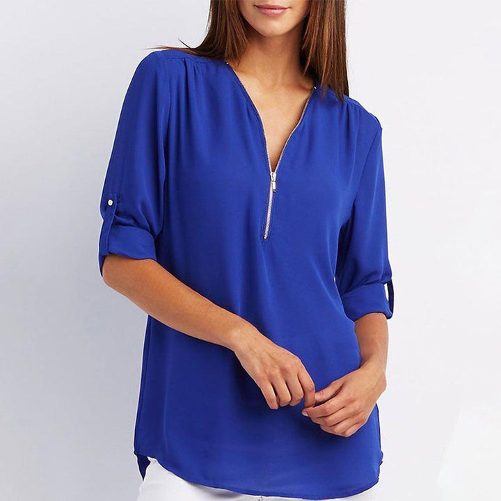 Women's summer V-neck blouse, chic zipper front and trendy patchwork pattern on sleeves