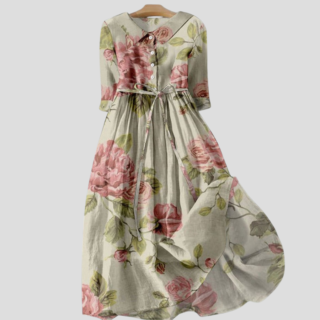 Elegant women's vintage botanical print lapel midi dress, a stylish floral design perfect for casual or day to evening.