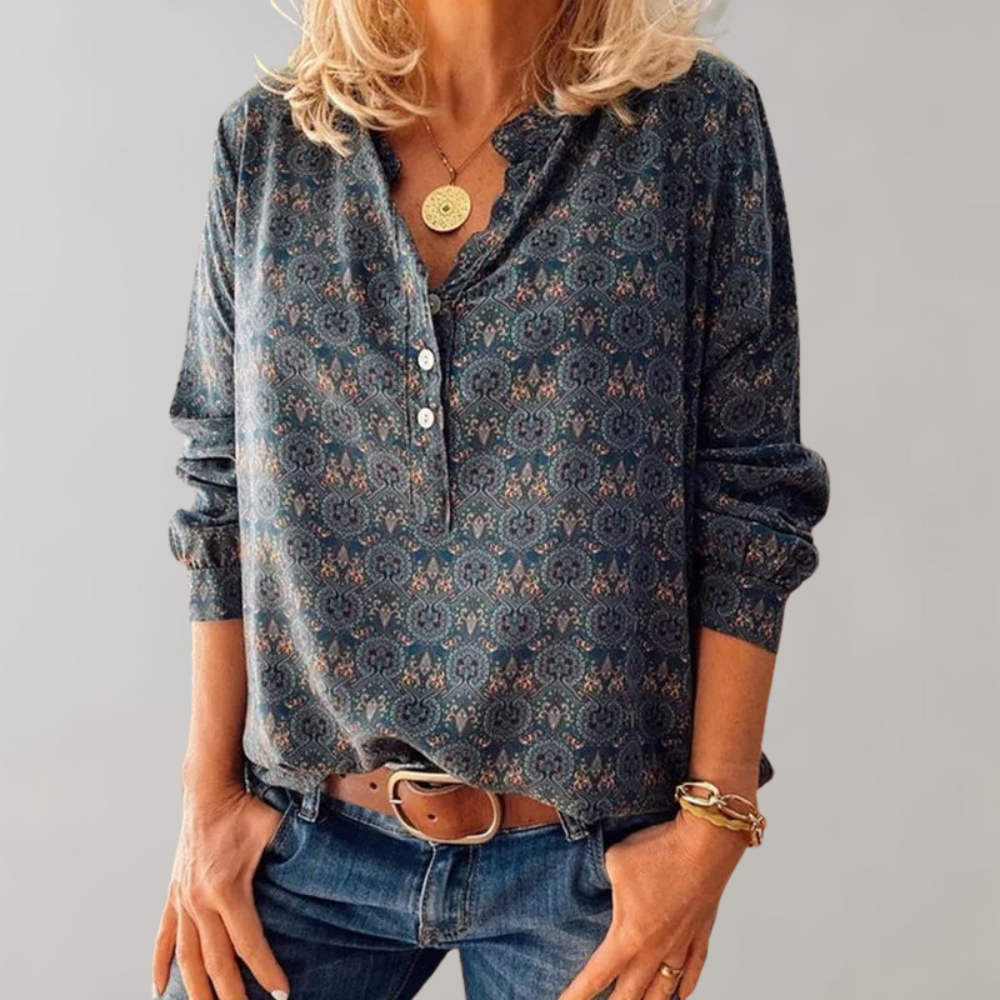Elegant women's vintage long sleeve blouse. Versatile classic cut top for office, casual, fall & spring fashion.