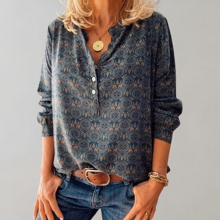 Elegant women's vintage long sleeve blouse. Versatile classic cut top for office, casual, fall & spring fashion.