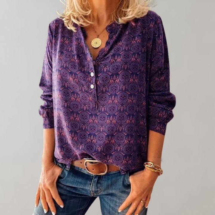Sophisticated women's Henley blouse. Long sleeve top, perfect for versatile daily, casual, or office wear all year.