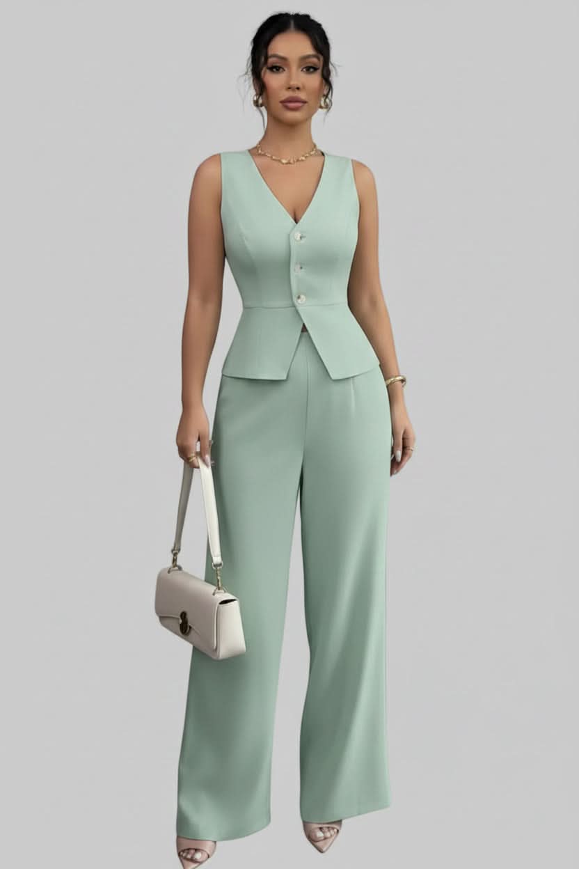 Elegant women's waistcoat and wide-leg pants set, perfect for business casual or chic summer office wear.