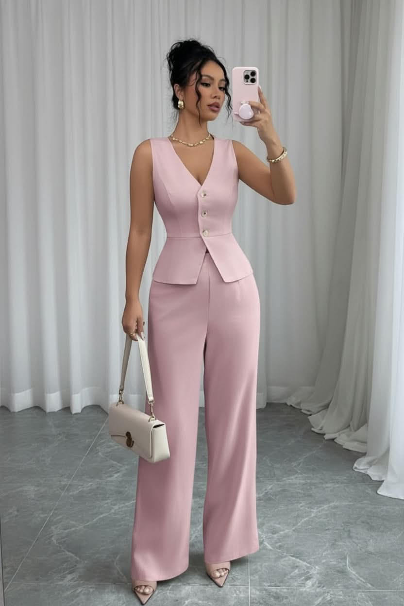 Tailored women's waistcoat and flowy wide-leg pants set, a comfortable yet elegant two-piece for business or summer events.