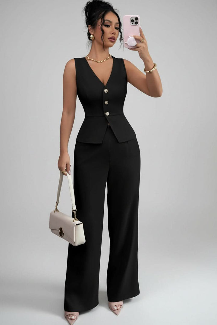Stylish women's waistcoat & wide-leg pant set, a versatile and elegant business casual outfit for office and events.