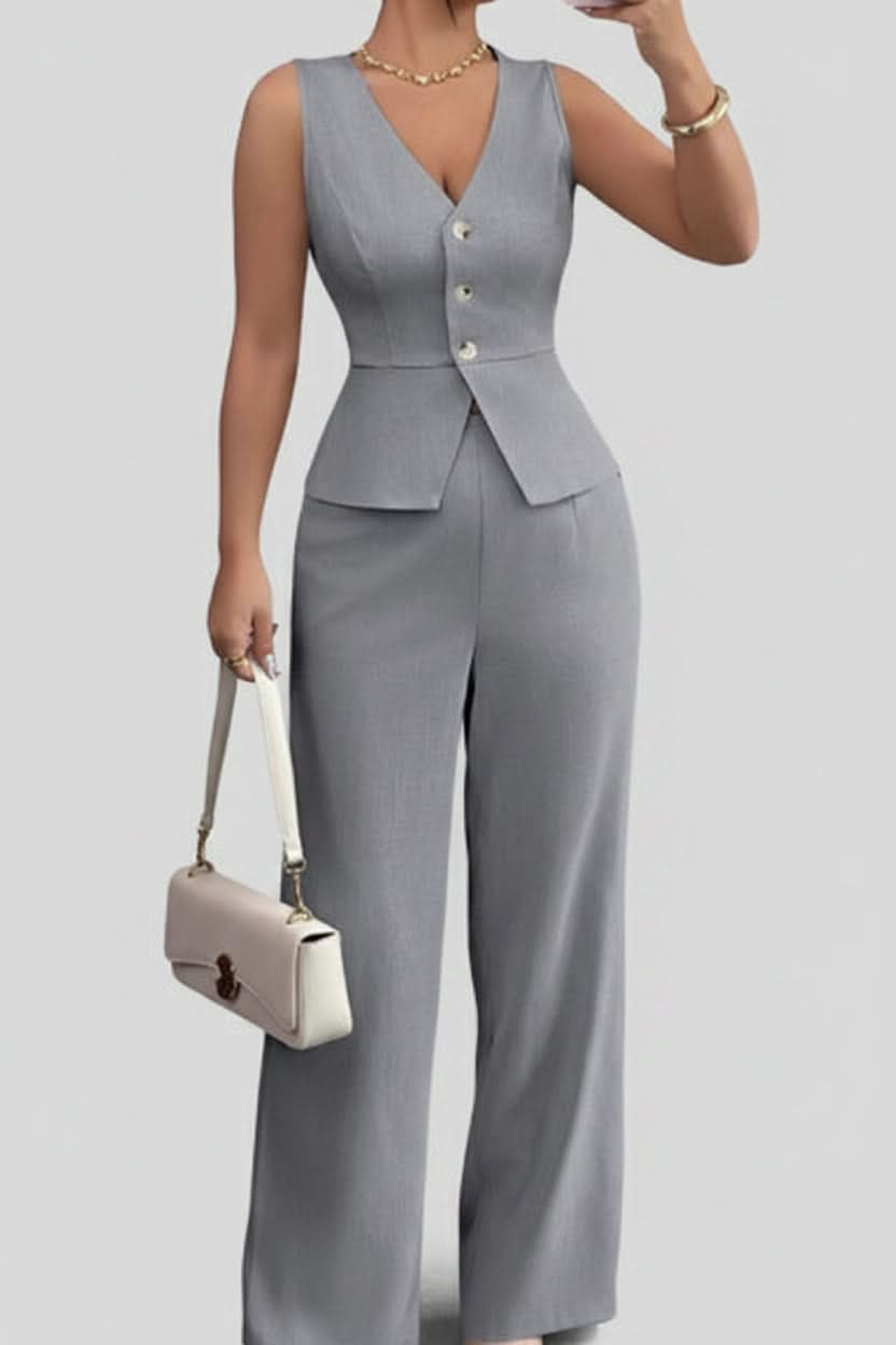 Modern women's elegant waistcoat & wide-leg pants ensemble, a sophisticated two-piece for summer fashion & office.